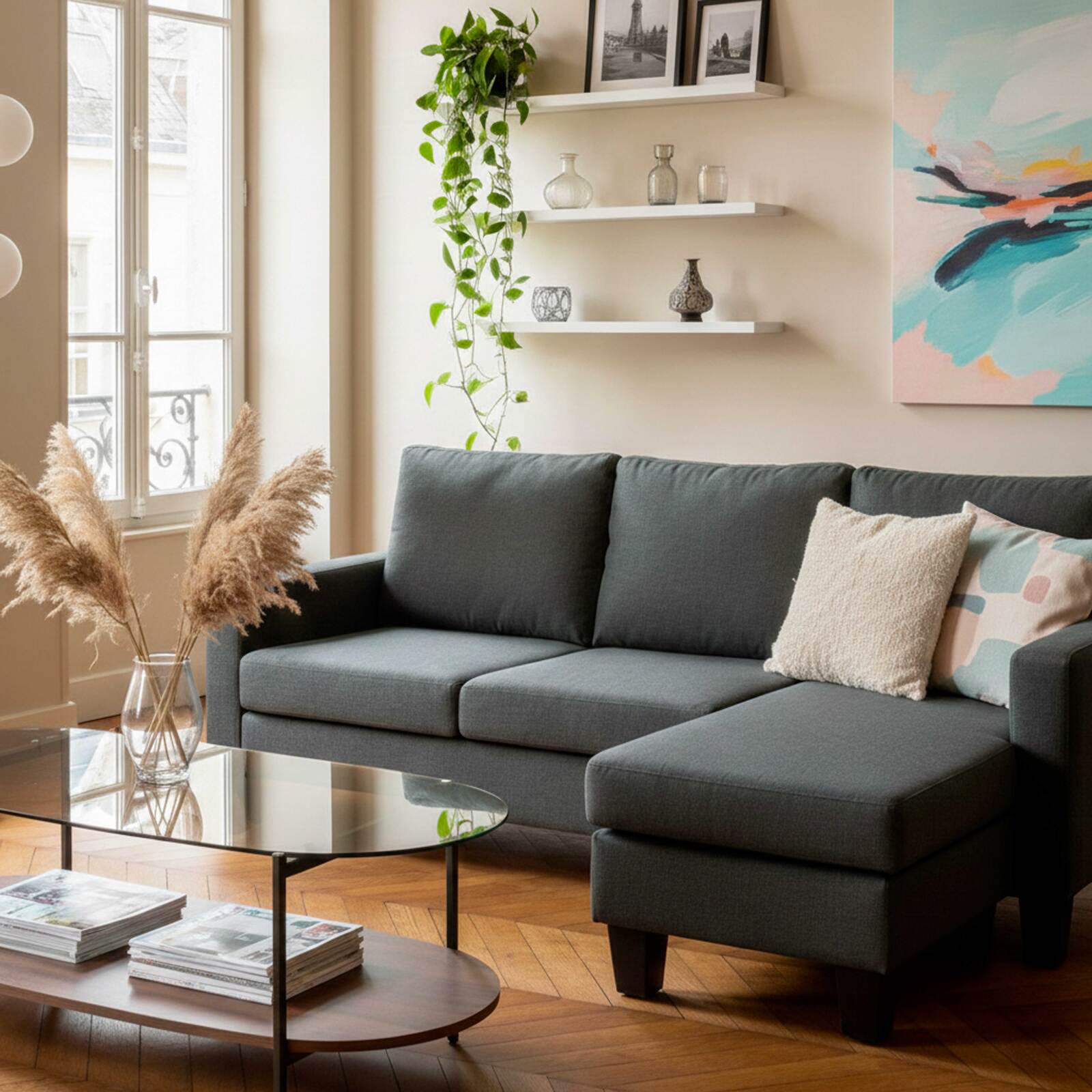 Ecksofa 3-Sitzer aus Stoff mit Chaiselongue rechts und Kissen