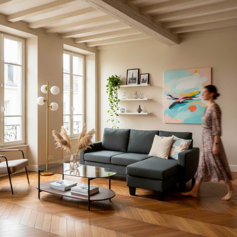 Ecksofa 3-Sitzer aus Stoff mit Chaiselongue rechts und Kissen (6/8)