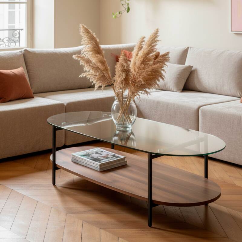 Couchtisch Ovaler ,aus Glas und dunkler Holzoptik, 120 x 55 x 40 cm (7/8)