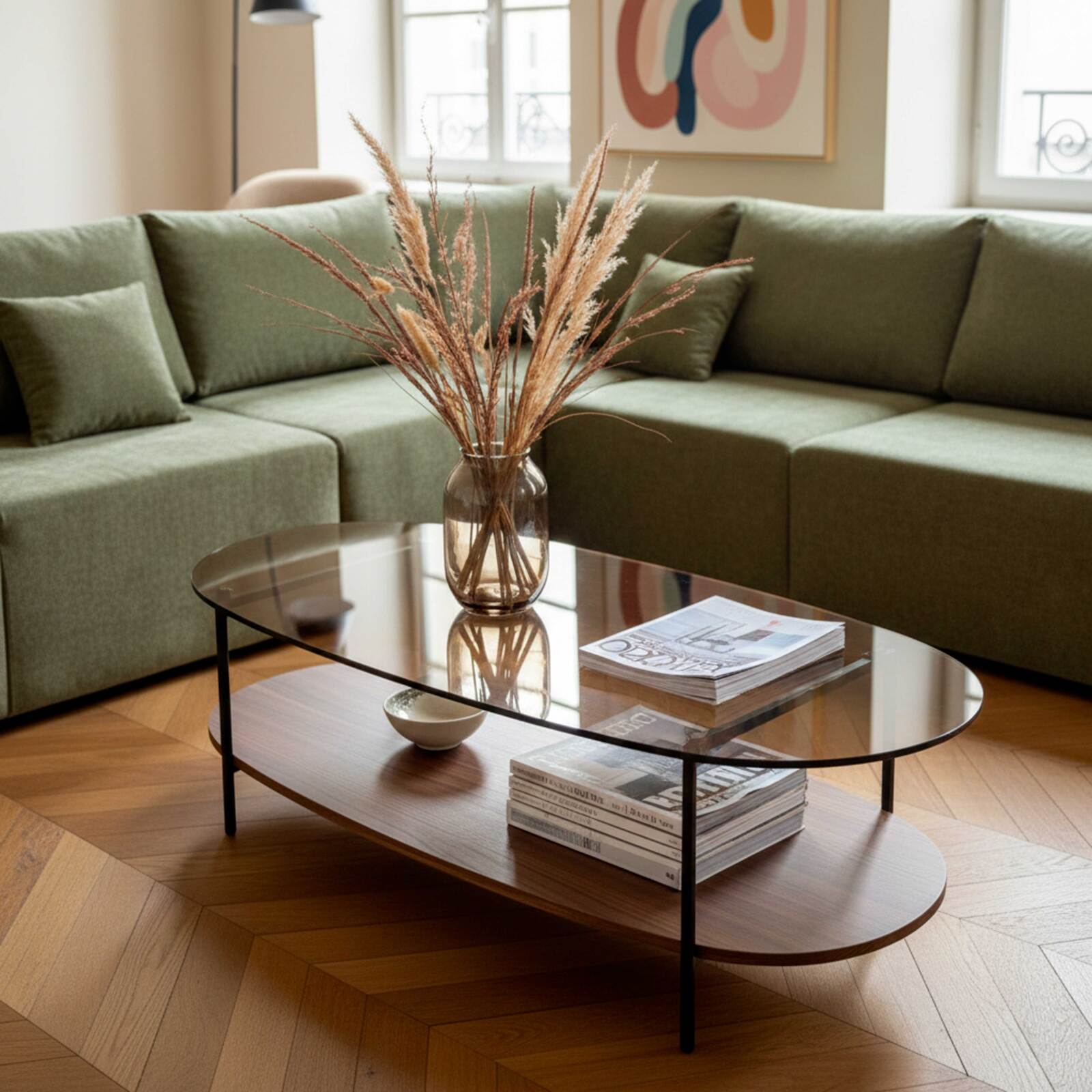 Couchtisch Ovaler ,aus Glas und dunkler Holzoptik, 120 x 55 x 40 cm