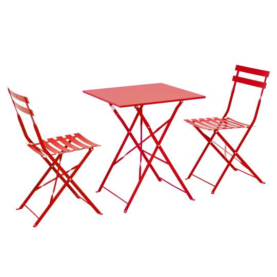 Quadratischer Gartentisch aus Metall 60 cm + 2 Klappstühle | Oviala