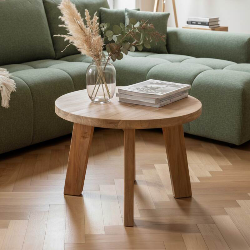 Couchtisch rund, aus massivem recyceltem Teakholz, Ø50 cm, Boho-Stil