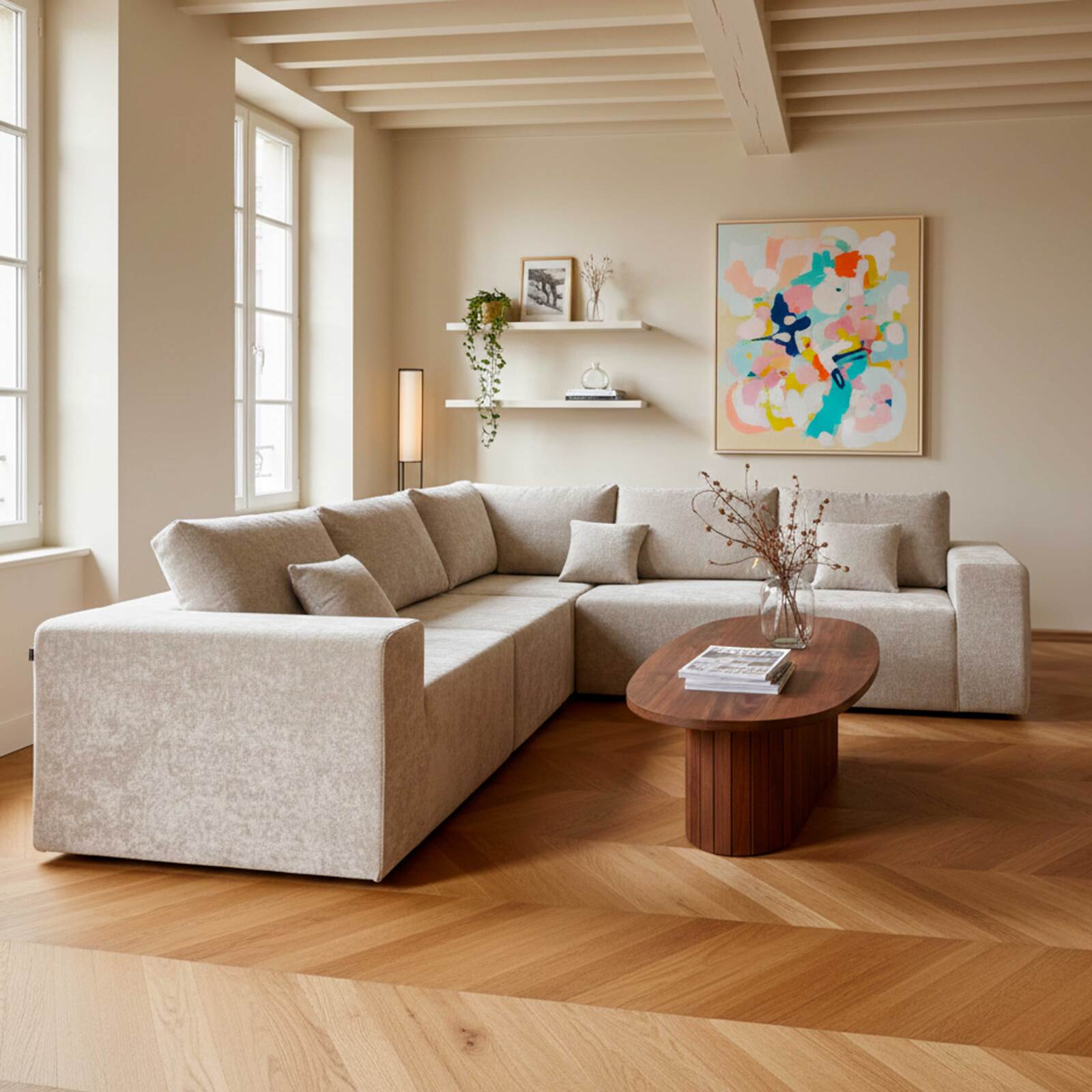 Couchtisch oval, in FSC®-Holzoptik, 120x60 cm, Boho-Stil