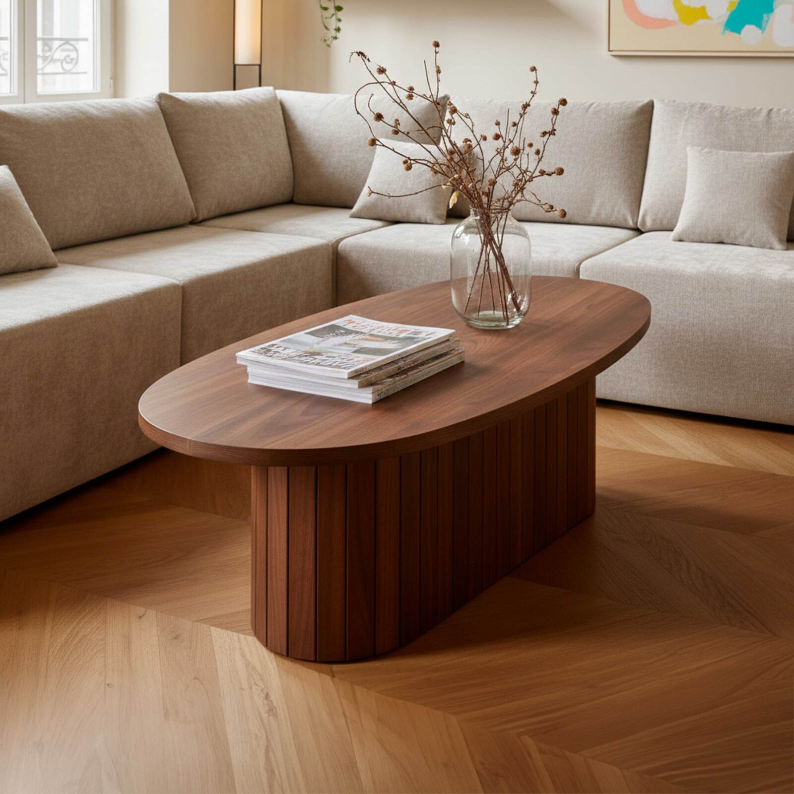 Couchtisch oval, in FSC®-Holzoptik, 120x60 cm, Boho-Stil