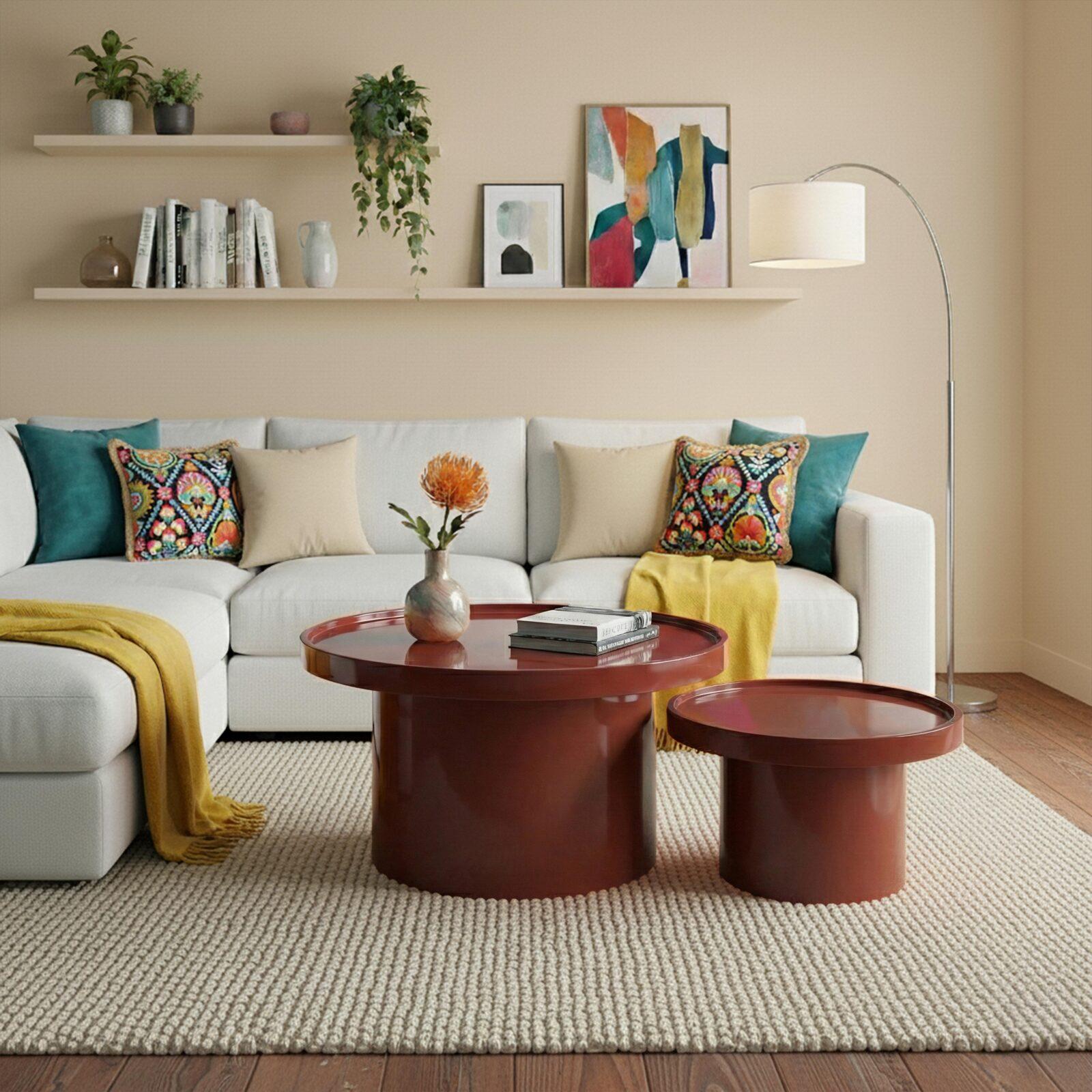 Satztische runde, in Lackoptik, Ø 70 und Ø 50 cm, Retro-Stil - 2er-Set