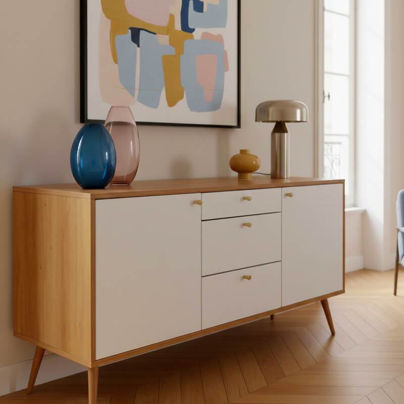 Sideboard in heller Holzoptik, 2 Türen, 3 Schubladen, 150 cm, skandinavischer Stil (2/8)