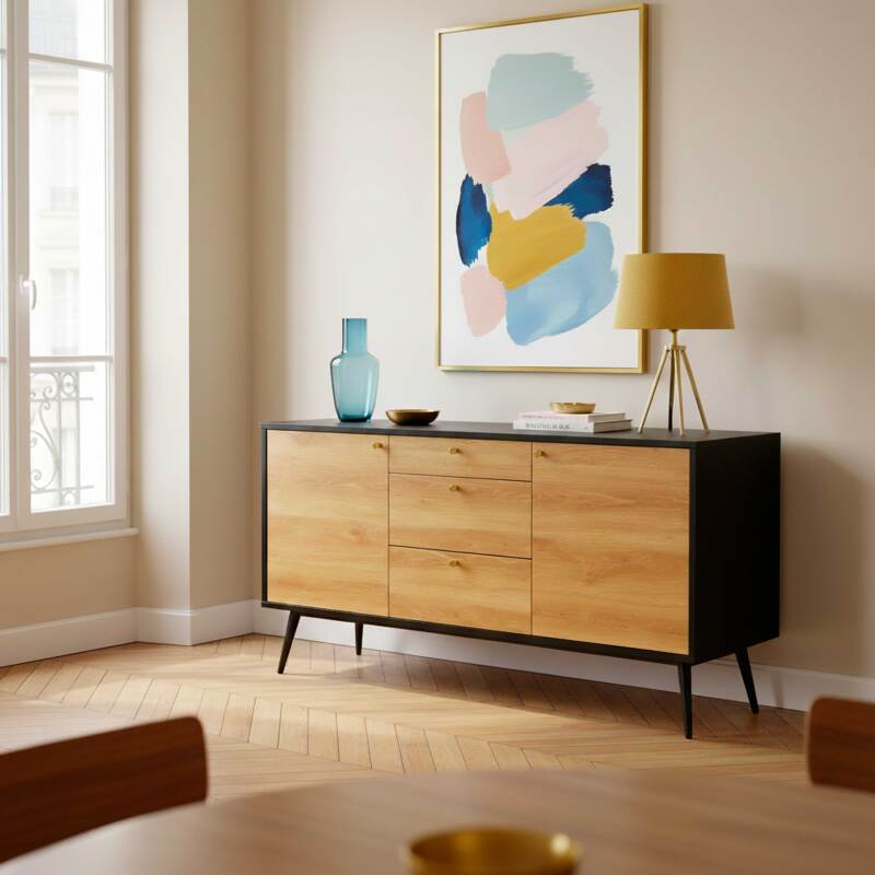 Sideboard in heller Holzoptik, 2 Türen, 3 Schubladen, 150 cm, skandinavischer Stil