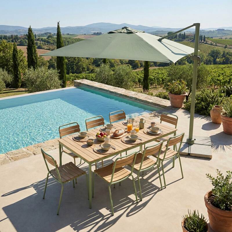 Gartentisch Holzoptik aus Metall und Polywood, 180x90 cm, und 8 Stühle - Lifestyle