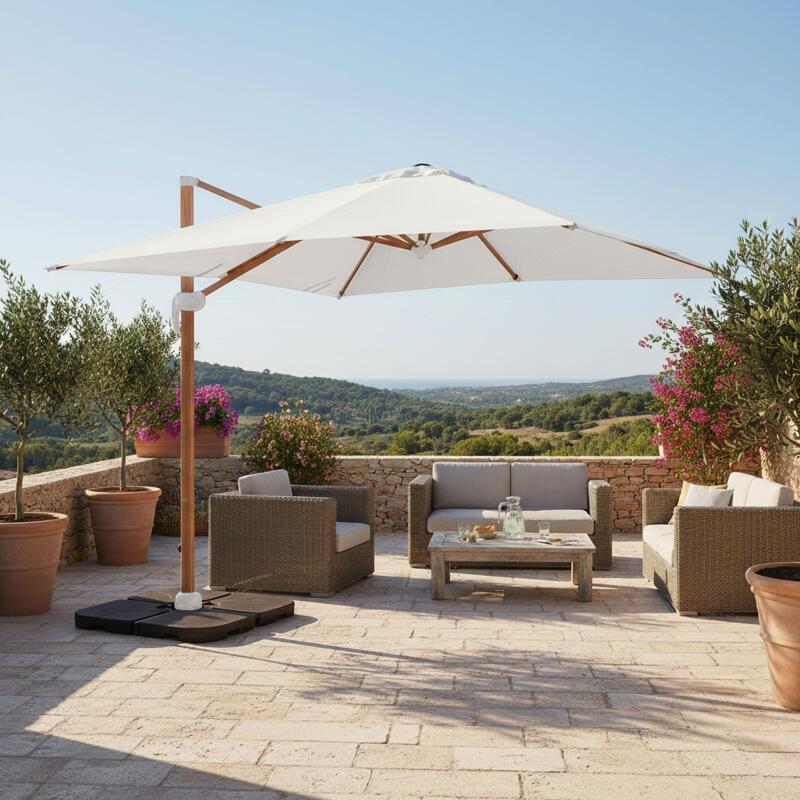 Ampelschirm 3x3 m quadratisch neigbar 360° drehbar und 4 befüllbare Ballastplatten