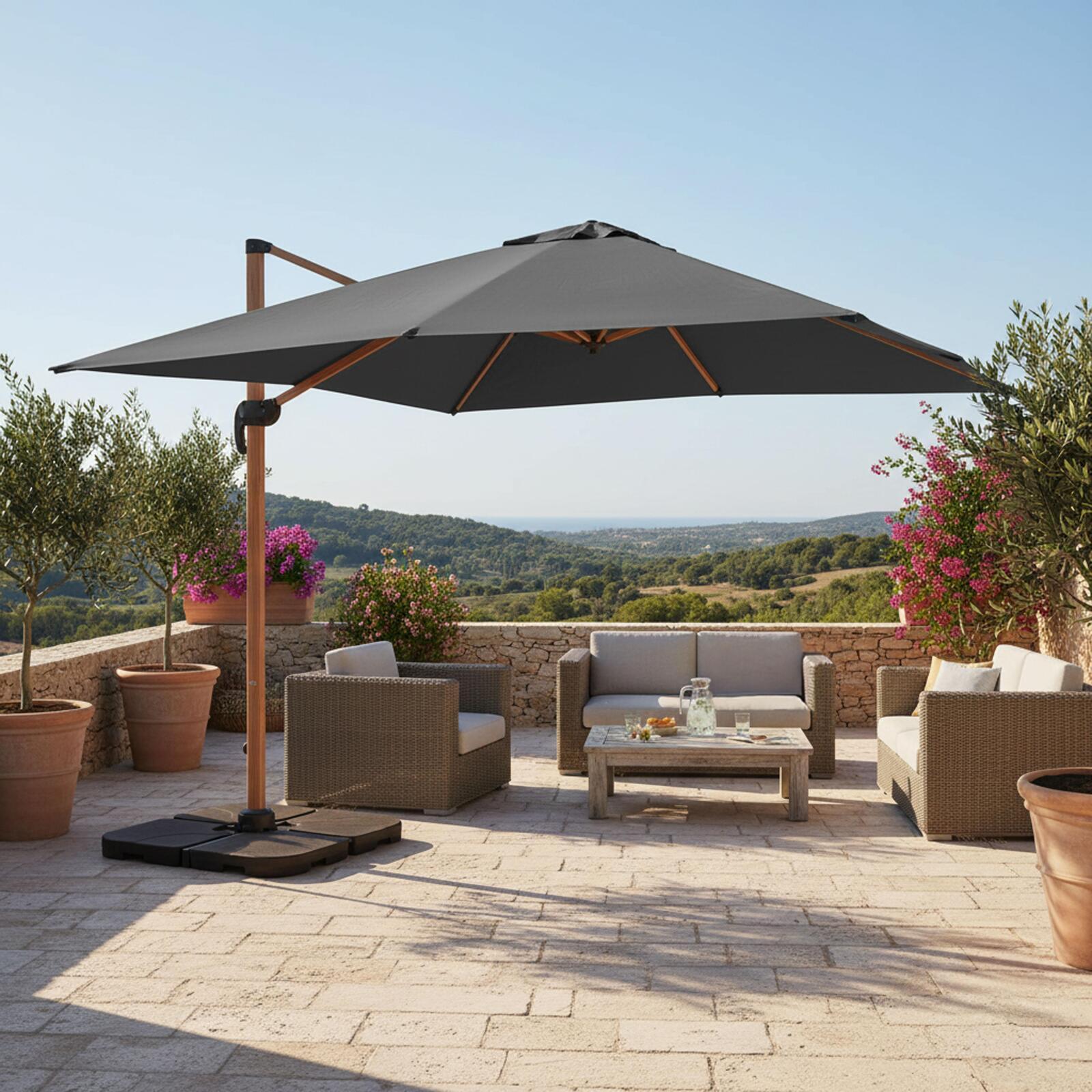 Ampelschirm 3x3 m quadratisch neigbar 360° drehbar und 4 befüllbare Ballastplatten