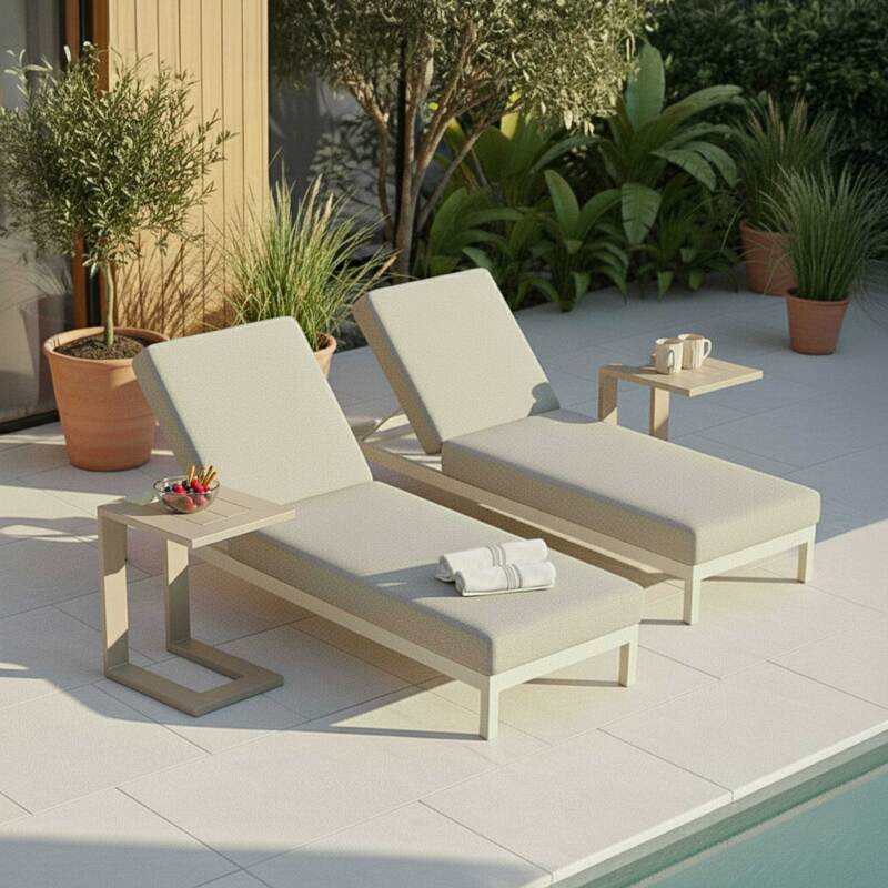 Sonnenliegen aus Aluminium 5-fach verstellbar mit Kissen und Ablage - 2er-Set