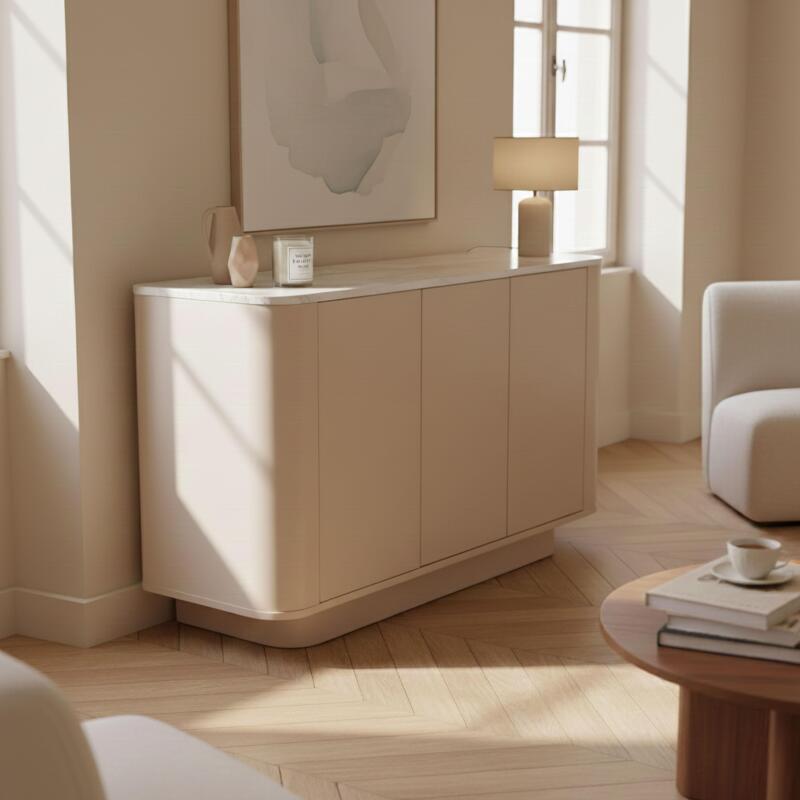 Sideboard FSC® 3 Türen, 120 cm, Tablett in Travertin-Optik - Lifestyle