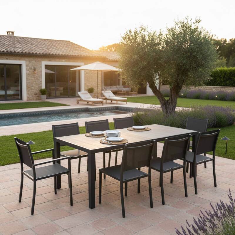 Gartentisch aus Aluminium und Keramik in Holzoptik, 185x95 cm, und 8 Stühle aus Textilene - Lifestyle