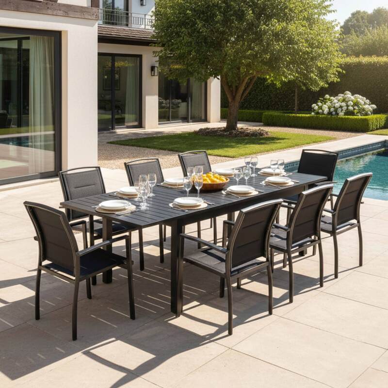Ausziehbarer Gartentisch aus Aluminium, 174/238x100 cm, und 8 Stühle, aus Textilene, mit Armlehnen - Lifestyle