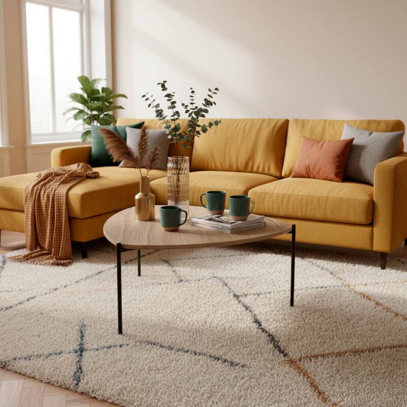 Couchtisch dreieckig, aus Metall und Holzoptik, 90x90 cm