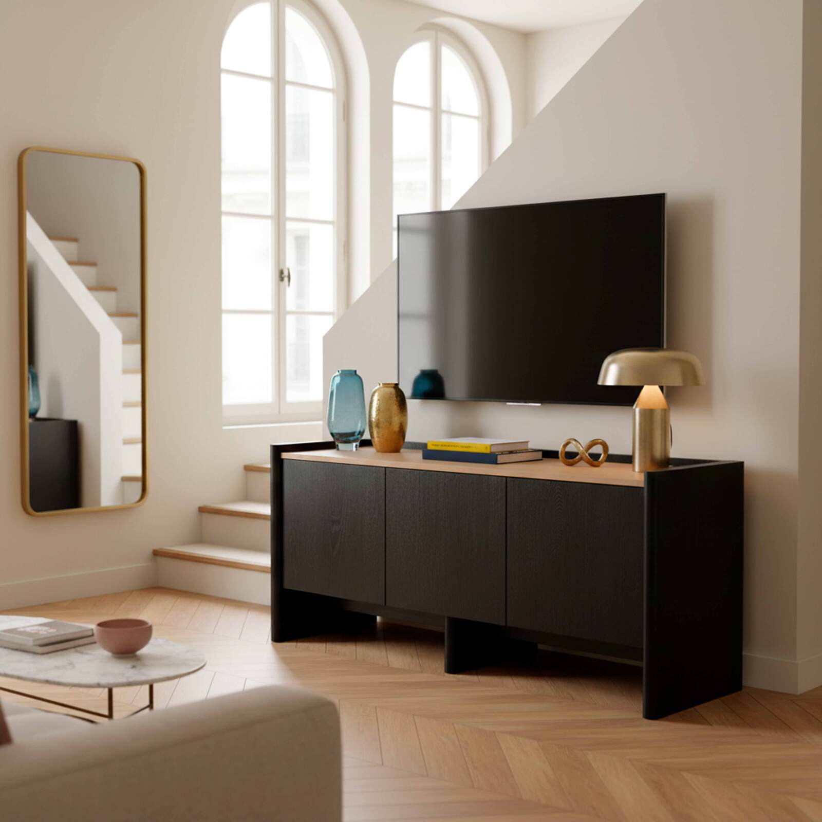 Lowboard in Holzoptik, 120 cm mit Ablage