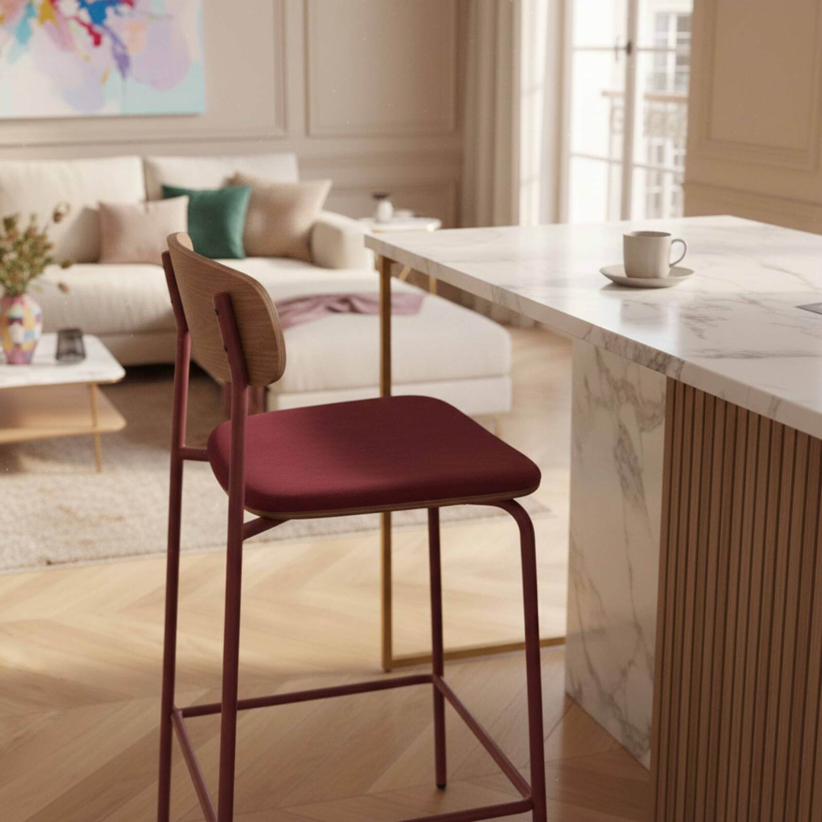 Barstühle aus Holz, Metall und Stoff - 2er-Set