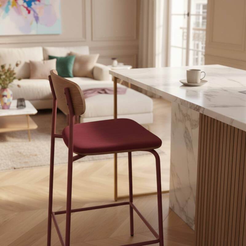 Barstühle aus Holz, Metall und Stoff - 2er-Set (3/8)