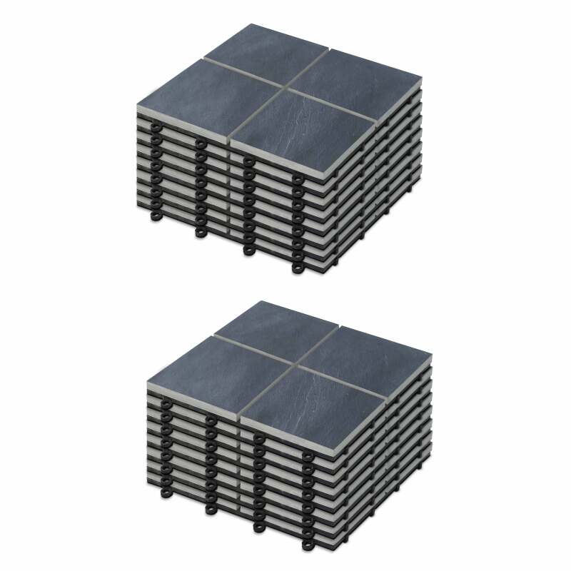 Set von steckbaren Terrassenplatten aus schwarzen Steinfliesen (30 x 30 x 2,5 cm)