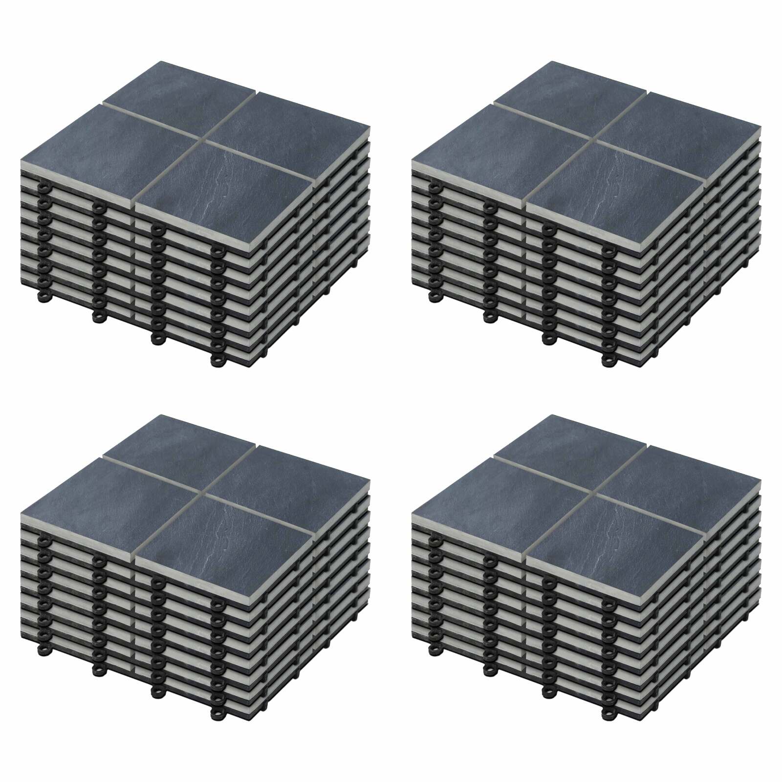 Set von steckbaren Terrassenplatten aus schwarzen Steinfliesen (30 x 30 x 2,5 cm)