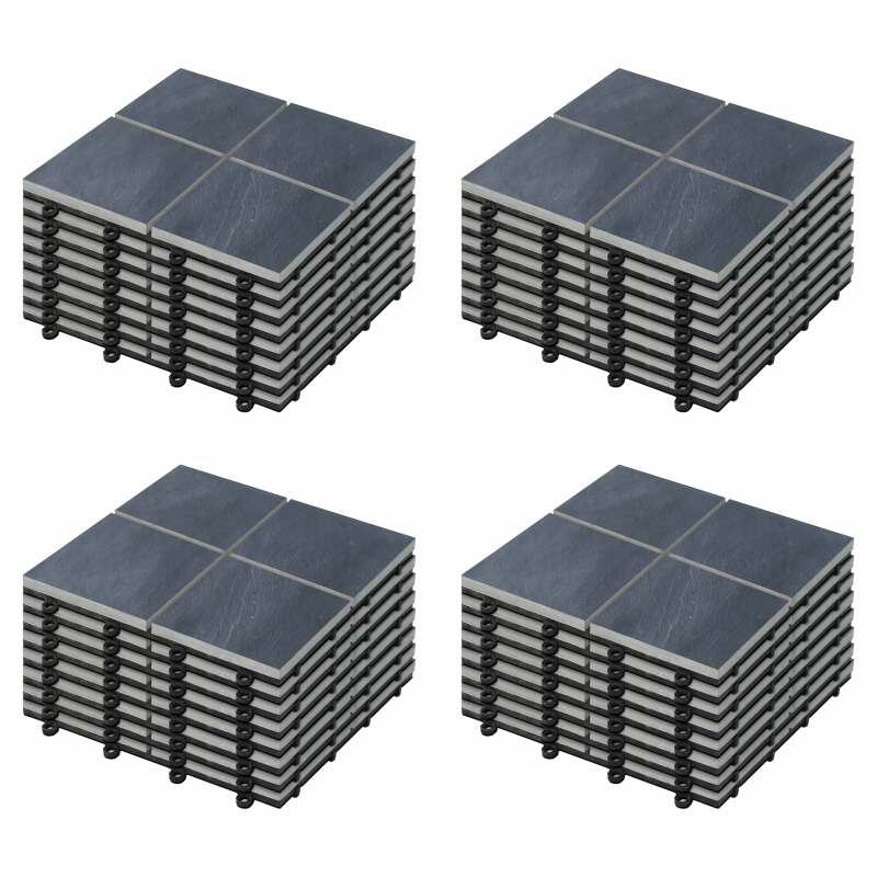 Set von steckbaren Terrassenplatten aus schwarzen Steinfliesen (30 x 30 x 2,5 cm)