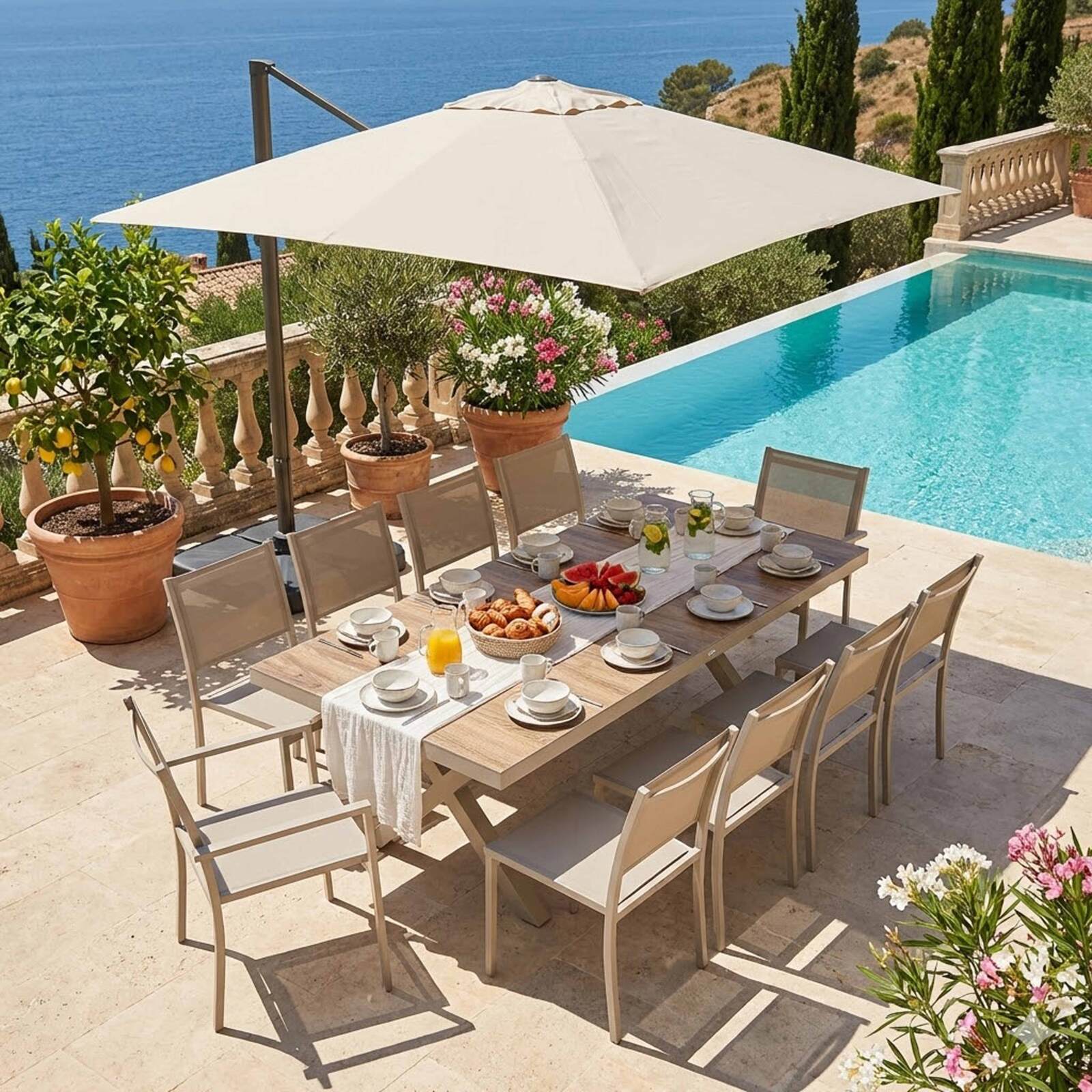 Gartentisch aus Aluminium und Keramik mit Holzoptik, 201 x 100 cm, und 10 Stühle aus Textilene stapelbar