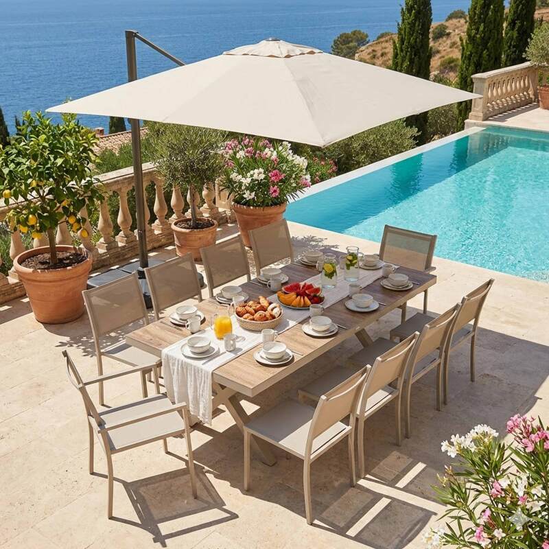 Gartentisch aus Aluminium und Keramik mit Holzoptik, 201 x 100 cm, und 10 Stühle aus Textilene stapelbar