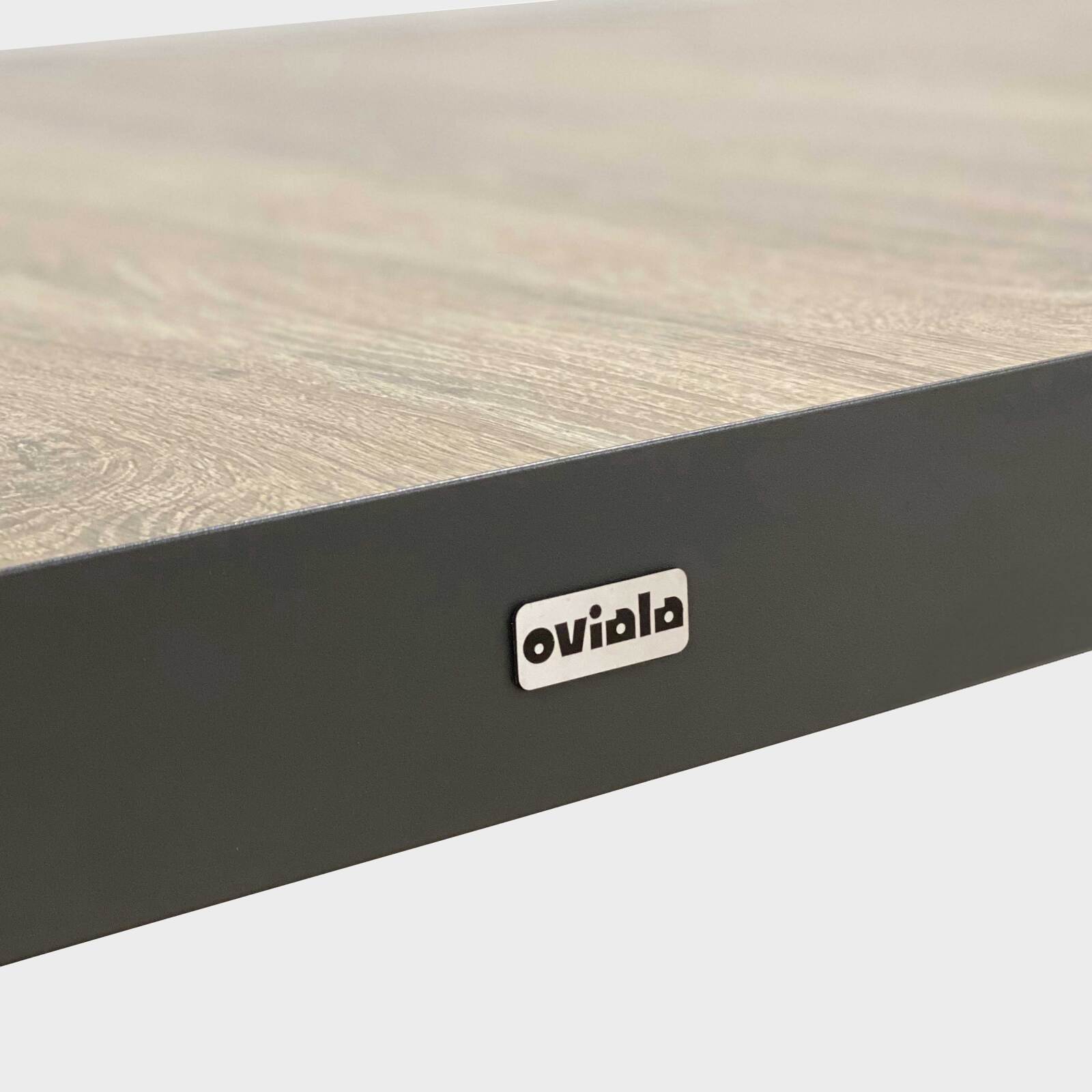 Gartentisch aus Aluminium und Keramik mit Holzoptik, 201 x 100 cm, und 10 Stühle aus Textilene stapelbar