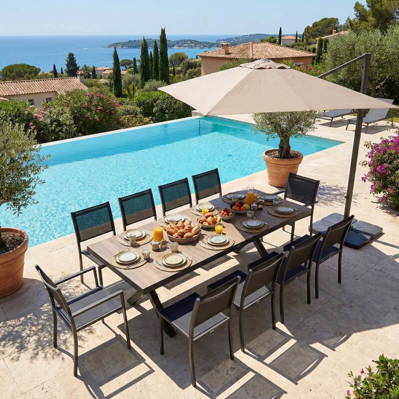 Gartentisch aus Aluminium und Keramik mit Holzoptik, 201 x 100 cm, und 10 Stühle aus Textilene stapelbar