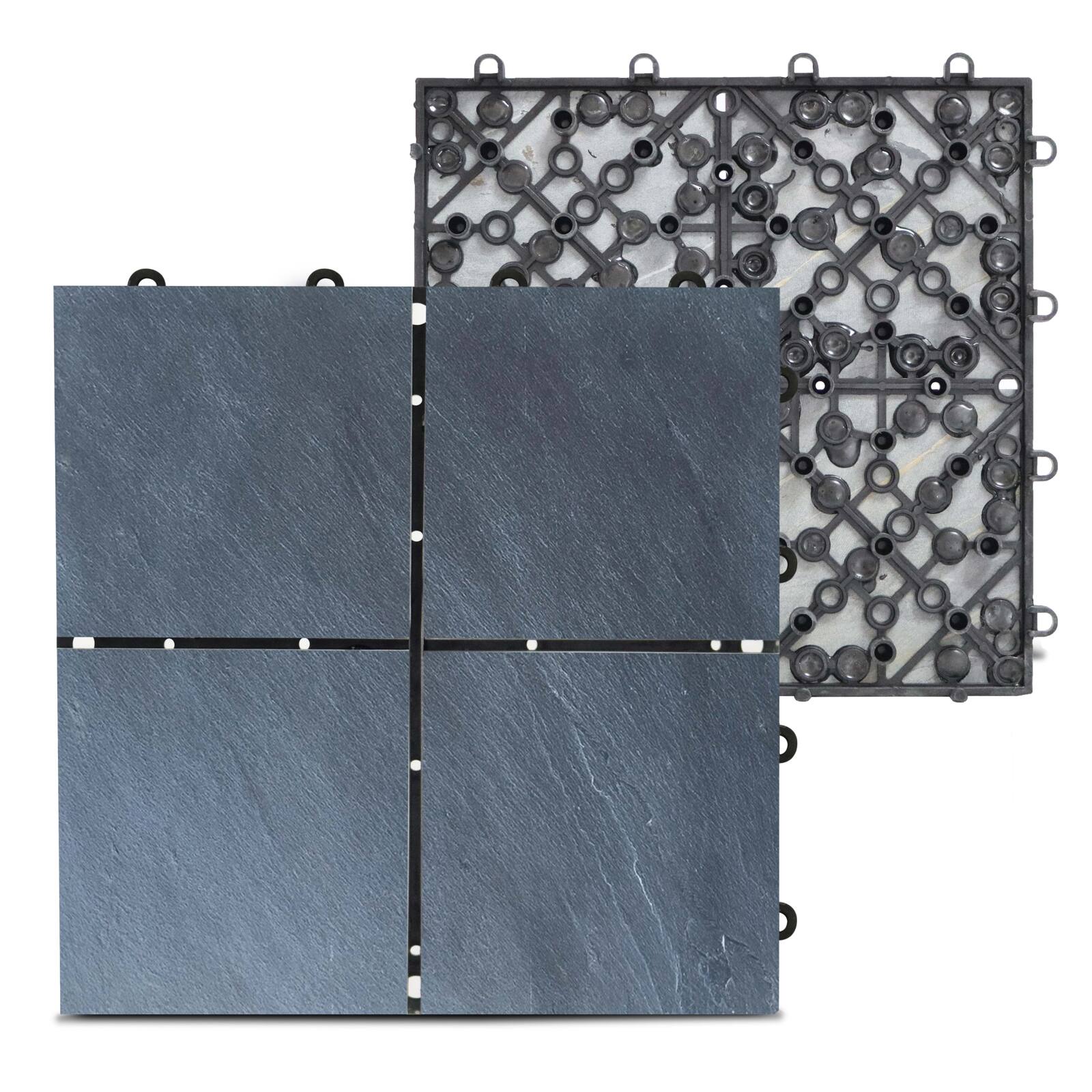 Set von steckbaren Terrassenplatten aus schwarzen Steinfliesen (30 x 30 x 2,5 cm)