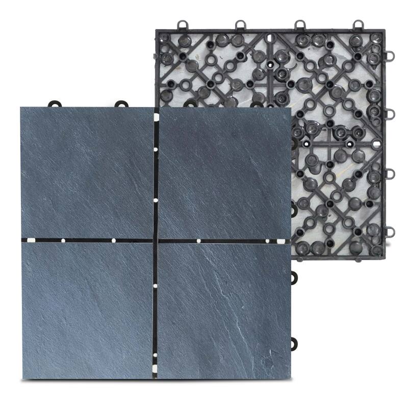 Set von steckbaren Terrassenplatten aus schwarzen Steinfliesen (30 x 30 x 2,5 cm)