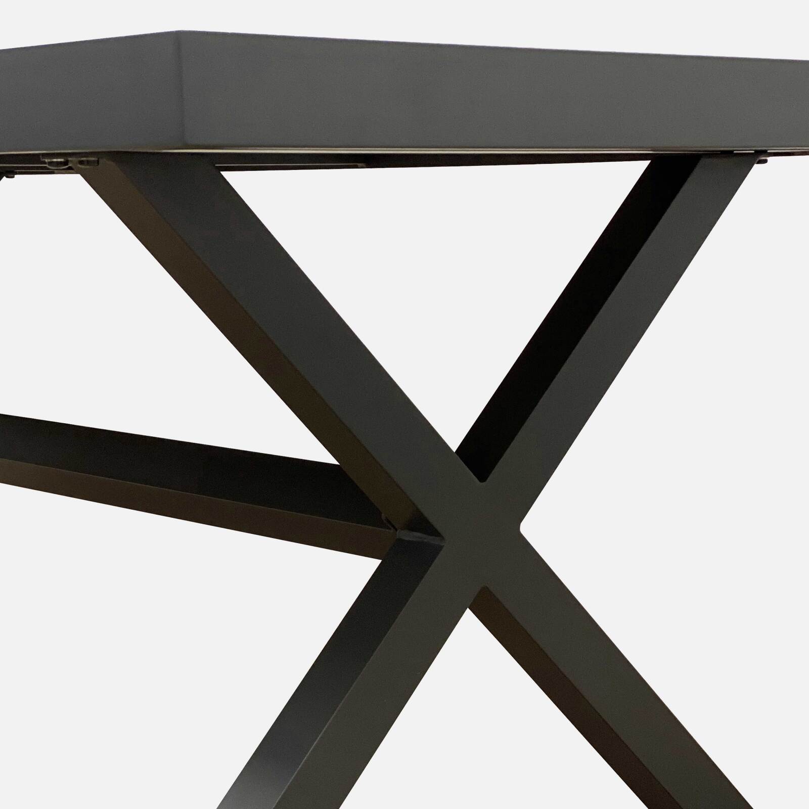 Gartentisch aus Aluminium und Keramik mit Holzoptik, 201 x 100 cm, und 10 Stühle aus Textilene stapelbar