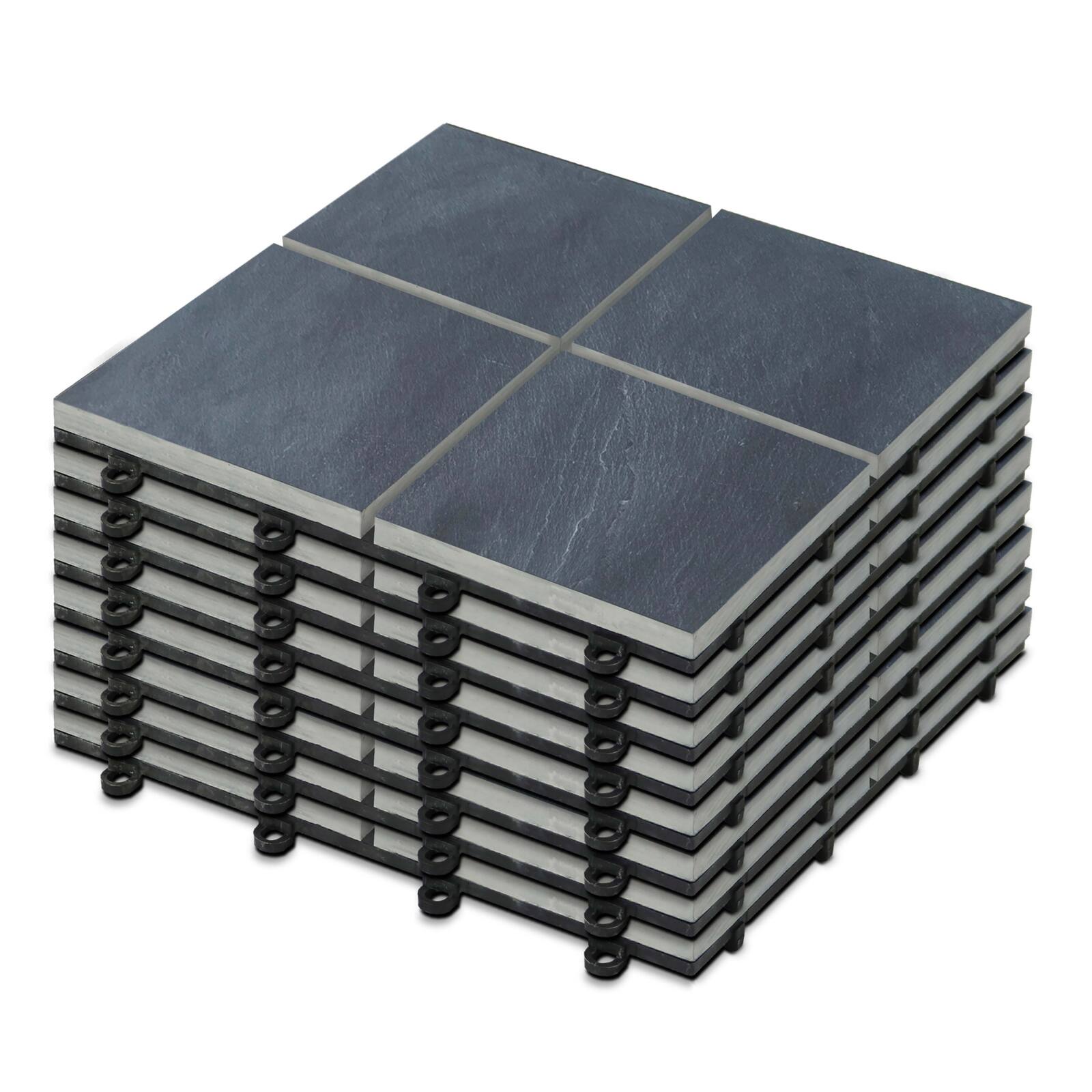 Set von steckbaren Terrassenplatten aus schwarzen Steinfliesen (30 x 30 x 2,5 cm)