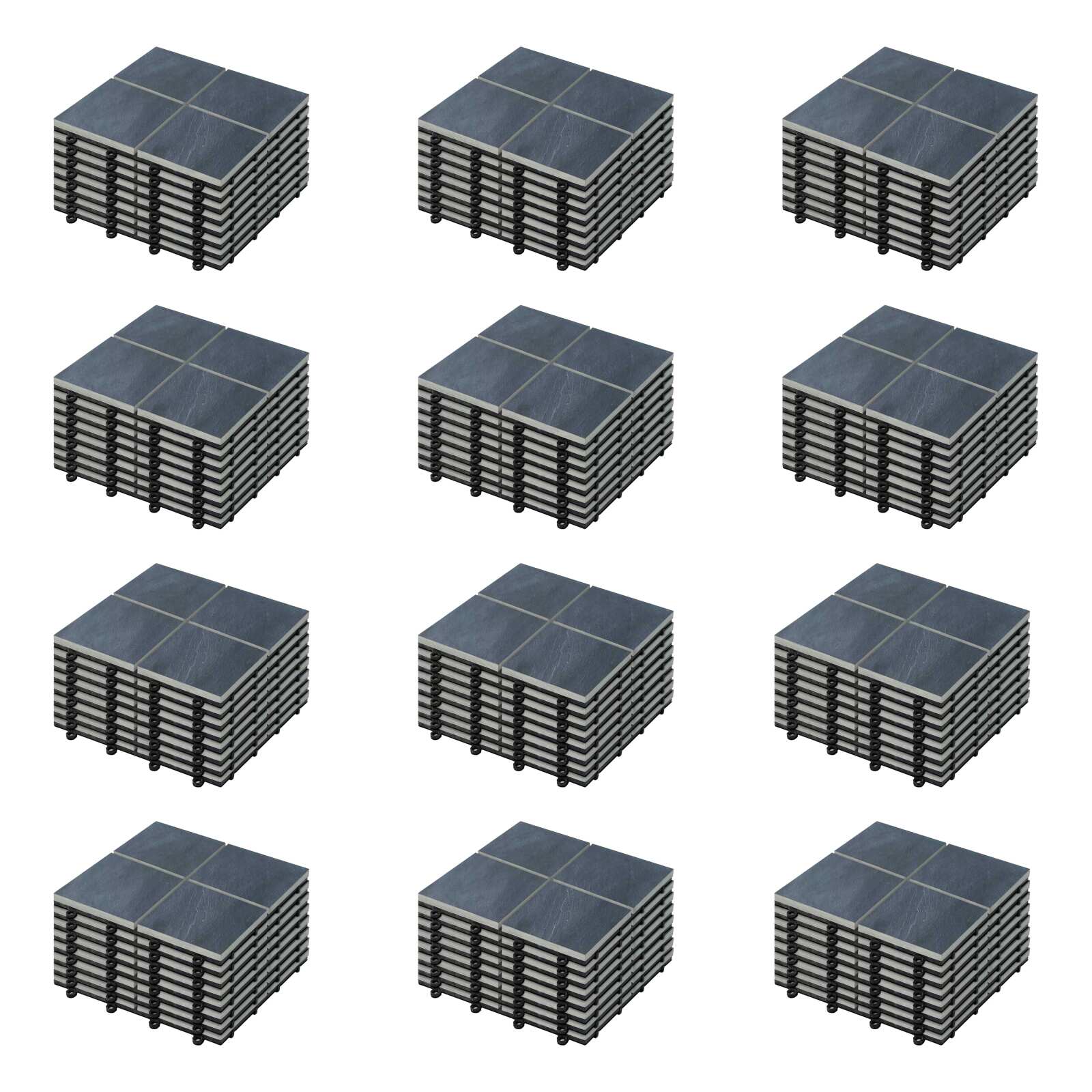 Set von steckbaren Terrassenplatten aus schwarzen Steinfliesen (30 x 30 x 2,5 cm)