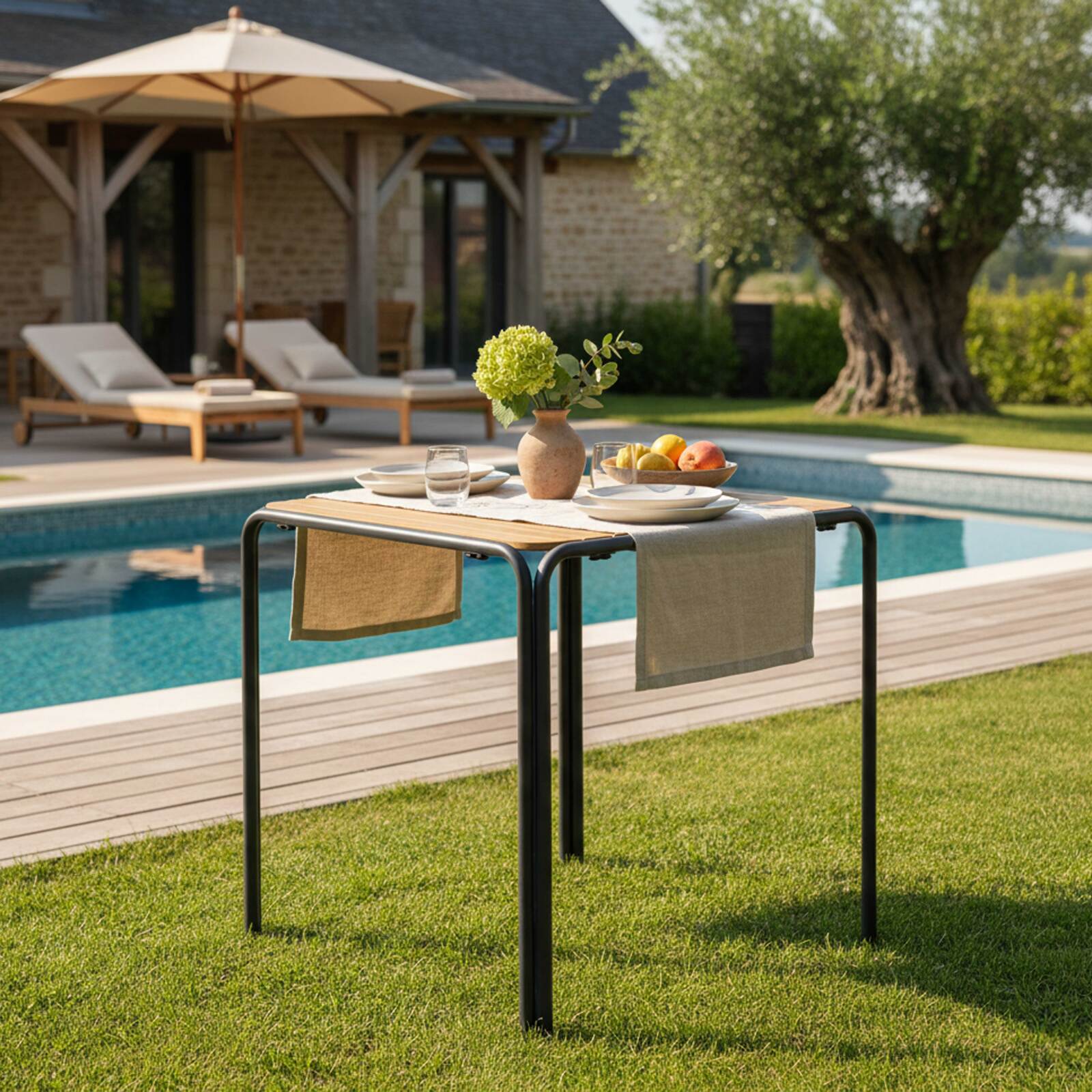 Gartentisch Bistro-Stil Quadratisch aus Metall und Polywood, 2 Personen, 70x70 cm