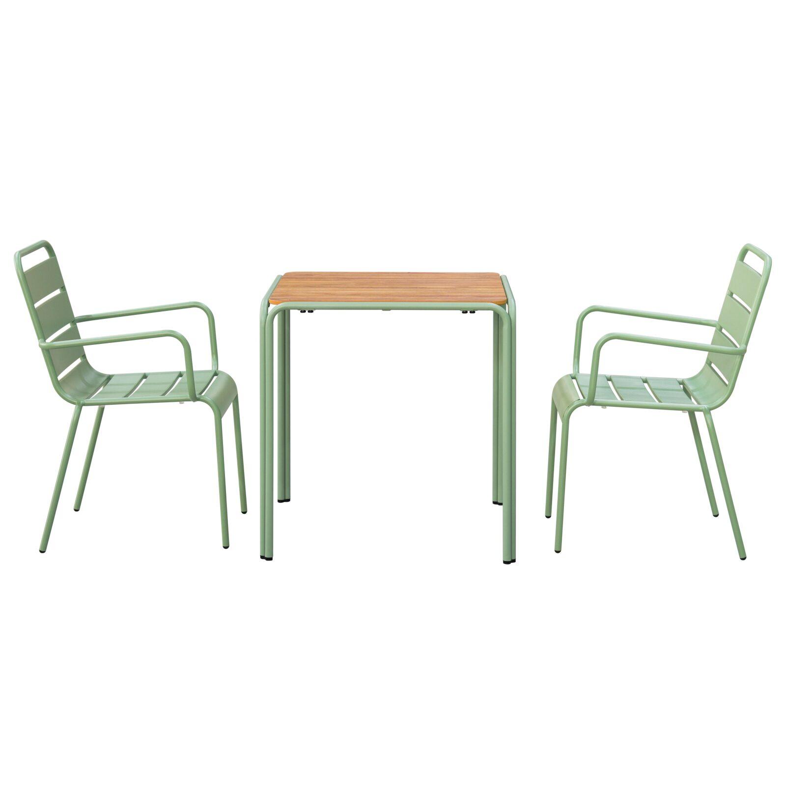 Gartentisch Bistro-Stil, quadratisch aus Metall und Polywood, 70x70 cm, und 2 Stühle mit Armlehnen