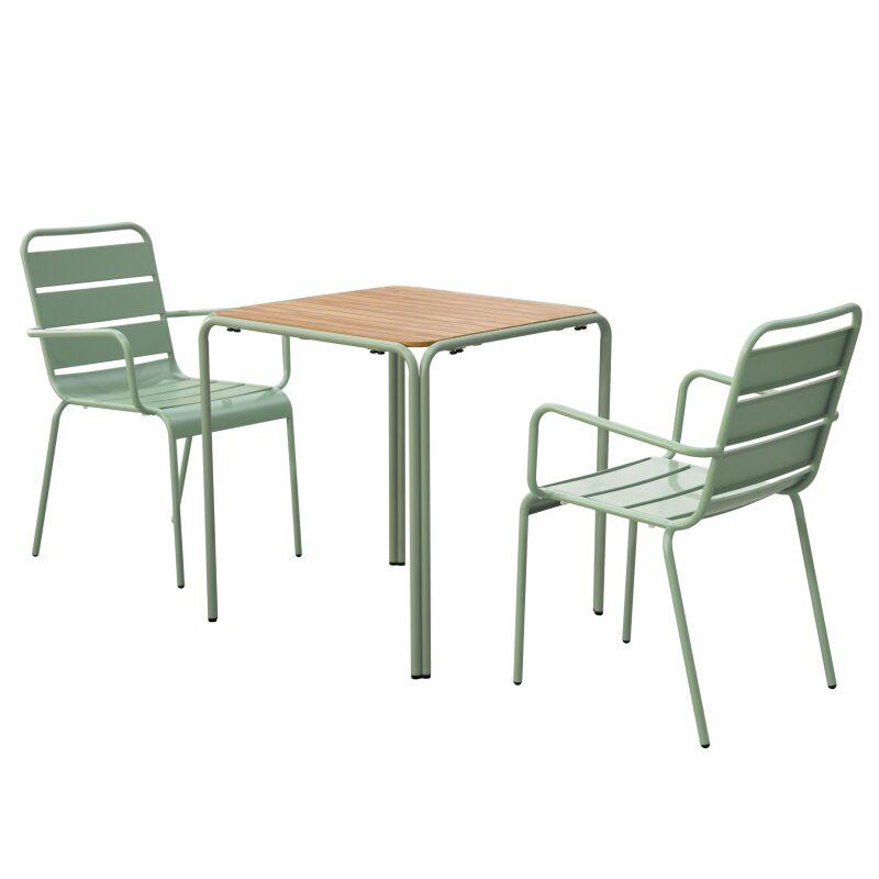 Gartentisch Bistro-Stil, quadratisch aus Metall und Polywood, 70x70 cm, und 2 Stühle mit Armlehnen