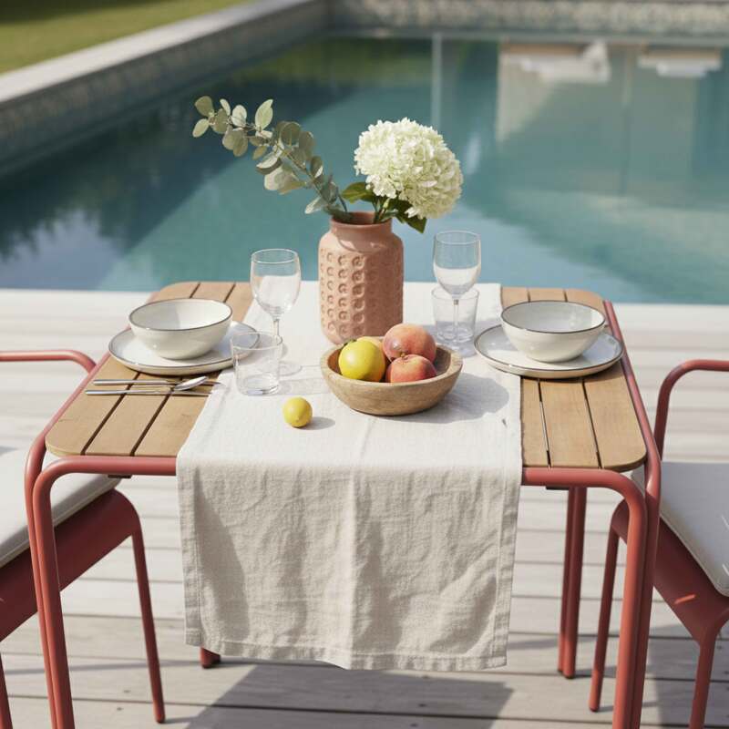 Gartentisch Bistro-Stil, quadratisch aus Metall und Polywood, 70x70 cm, und 2 Stühle mit Armlehnen (2/7)