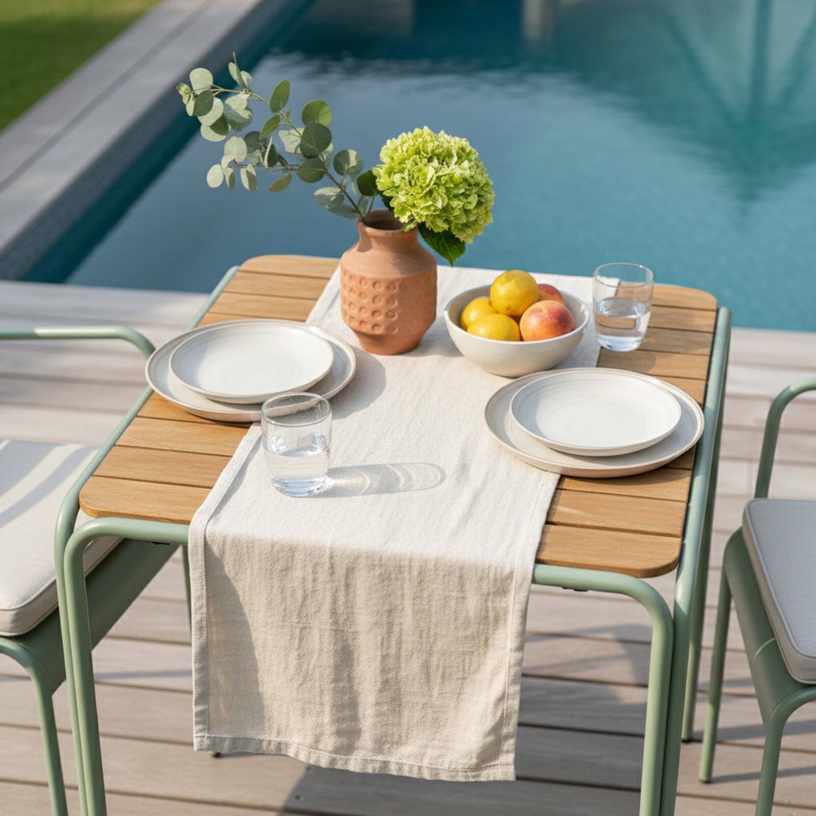 Gartentisch Bistro-Stil, quadratisch aus Metall und Polywood, 70x70 cm, und 2 Stühle mit Armlehnen