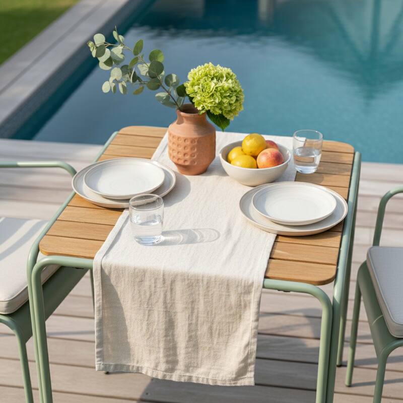 Gartentisch Bistro-Stil, quadratisch aus Metall und Polywood, 70x70 cm, und 2 Stühle mit Armlehnen (2/7)