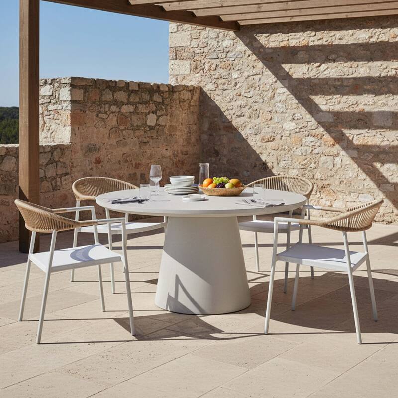 Gartentisch rund in glatter Betonoptik, Ø 130 x 76 cm, und 4 Stühle stapelbare aus Textilene - Lifestyle