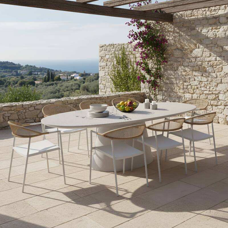 Gartentisch oval in glatter Betonoptik, 250x110 cm, und 8 Stühle stapelbare aus Textilene - Lifestyle