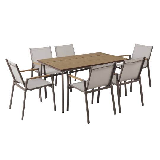 Gartentisch aus Metall und Sperrholz, 150 x 90 cm, und 6 Stühle | Oviala
