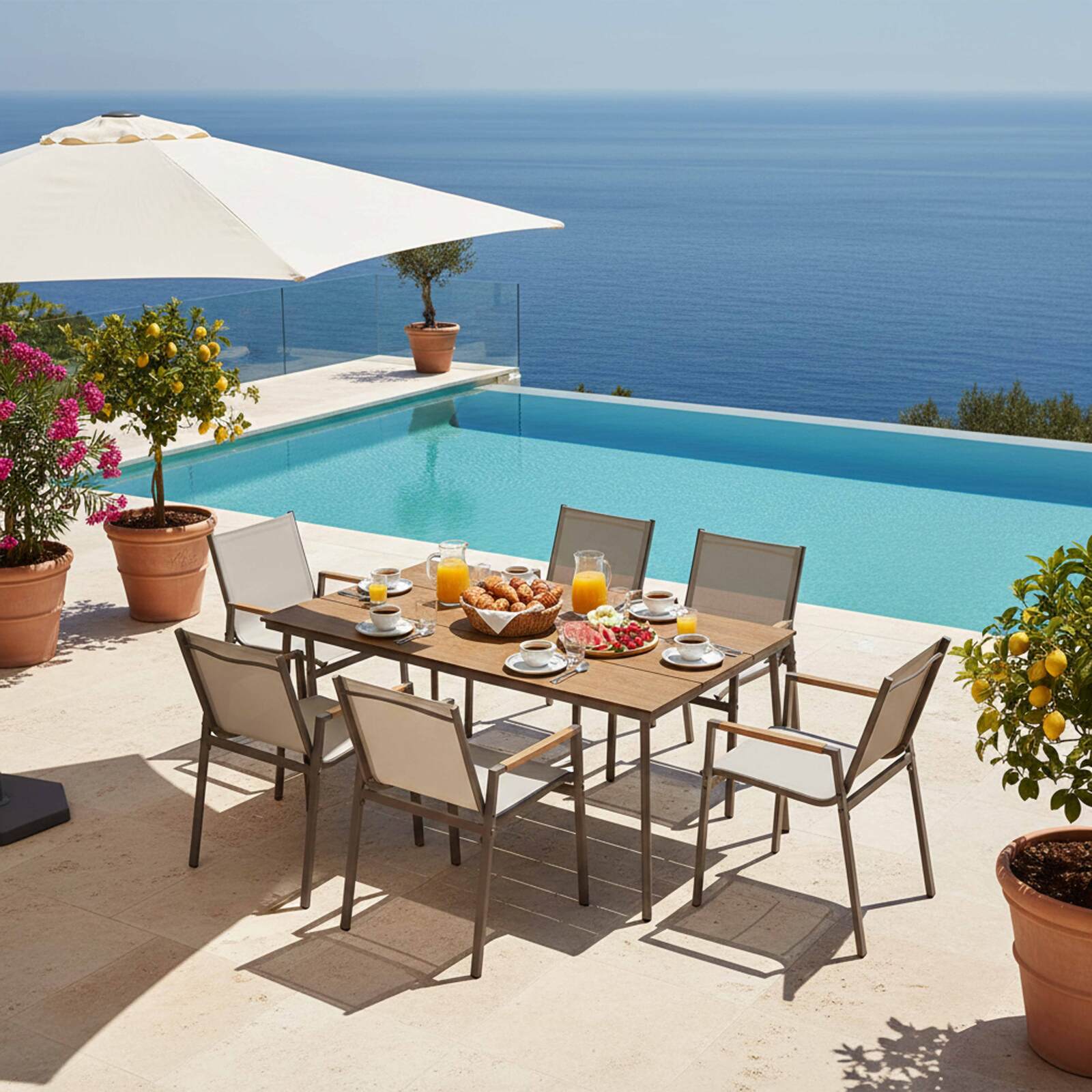 Gartentisch aus Metall und Sperrholz, 150 x 90 cm, und 6 Stühle