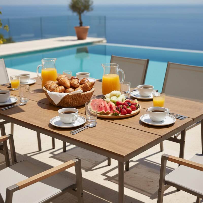 Gartentisch aus Metall und Sperrholz, 150 x 90 cm, und 6 Stühle (2/7)