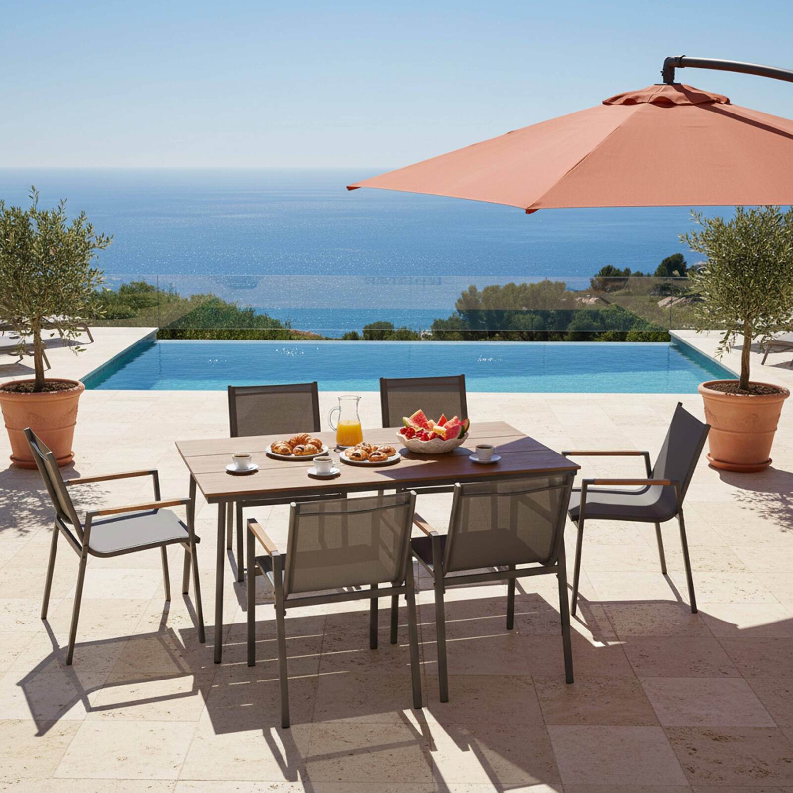 Gartentisch aus Metall und Sperrholz, 150 x 90 cm, und 6 Stühle