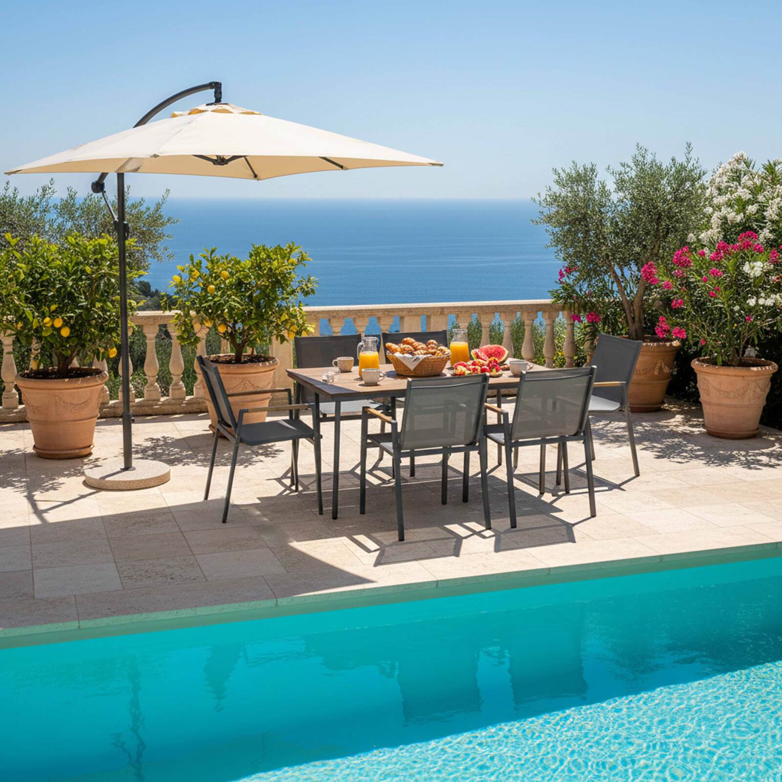 Gartentisch aus Metall und Sperrholz, 150 x 90 cm, und 6 Stühle