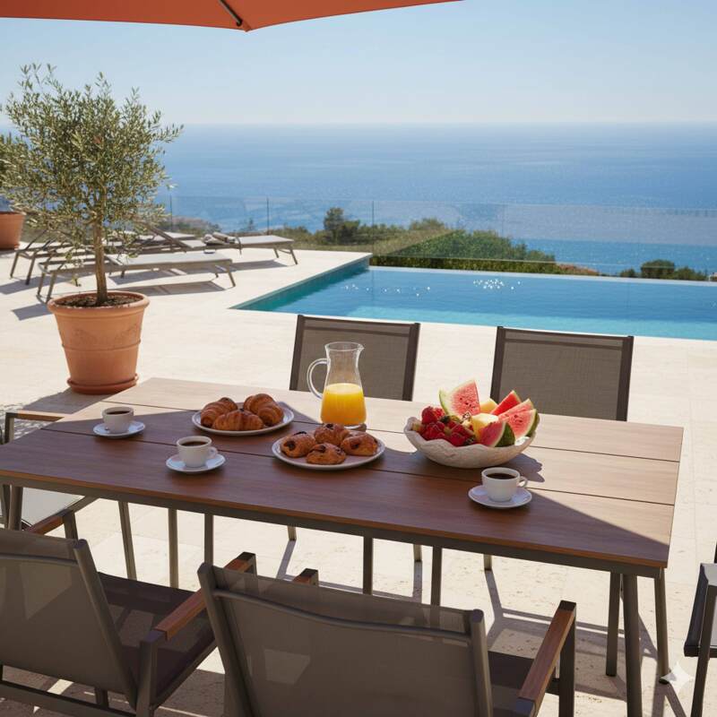 Gartentisch aus Metall und Sperrholz, 150 x 90 cm, und 6 Stühle (5/8)