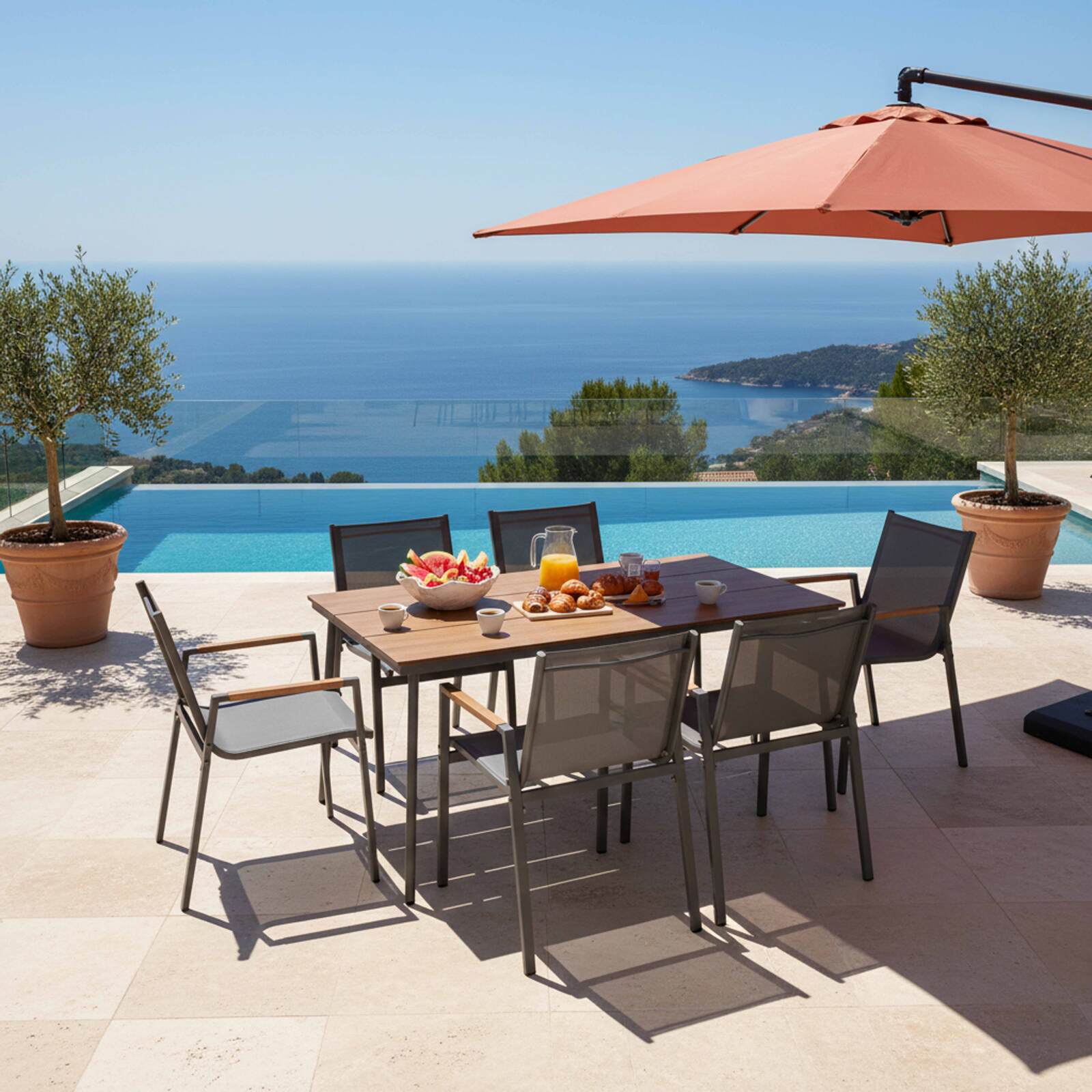 Gartentisch aus Metall und Sperrholz, 150 x 90 cm, und 6 Stühle