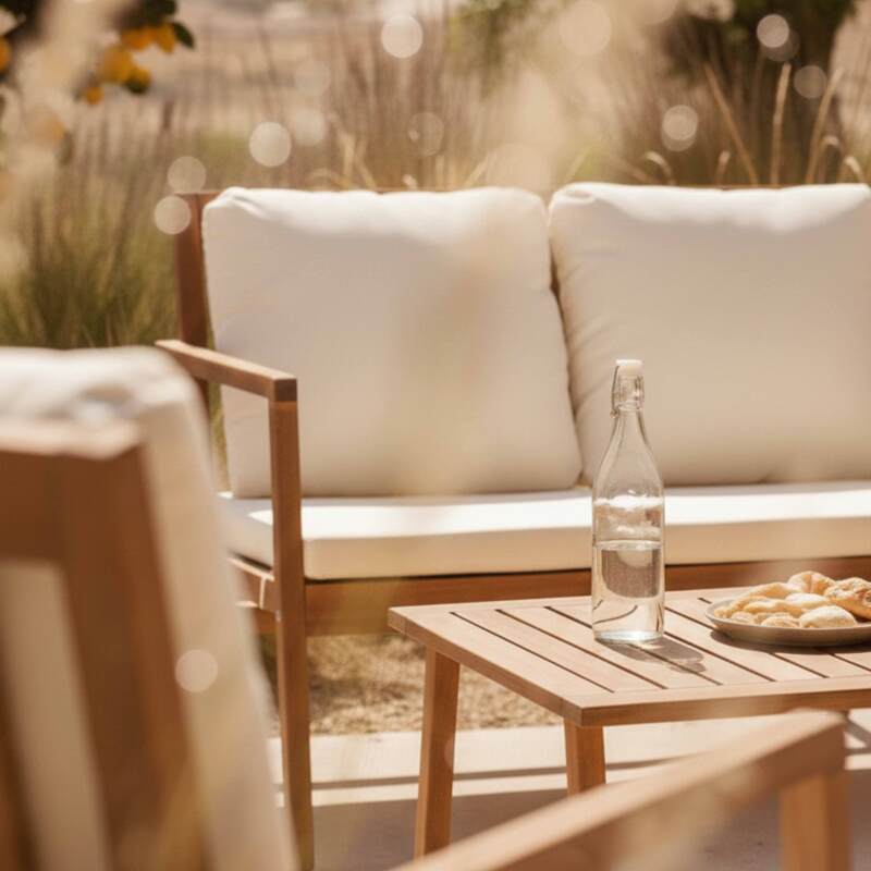 Gartenlounge-Set aus FSC®-zertifiziertem Eukalyptusholz mit 1 Sofa, 2 Sesseln und einem Couchtisch  (3/8)